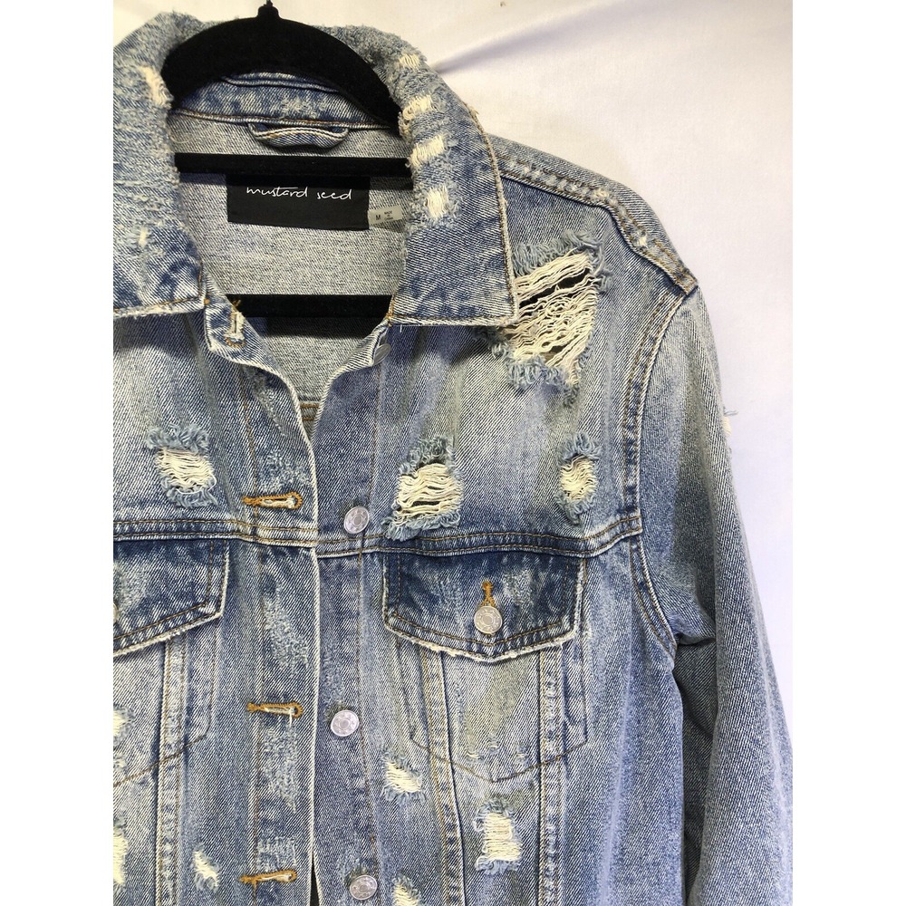 Mustard Seed distress Embroidered Denim Jean Jacket w Facts Saying Sz Medium - Picture 5 of 10